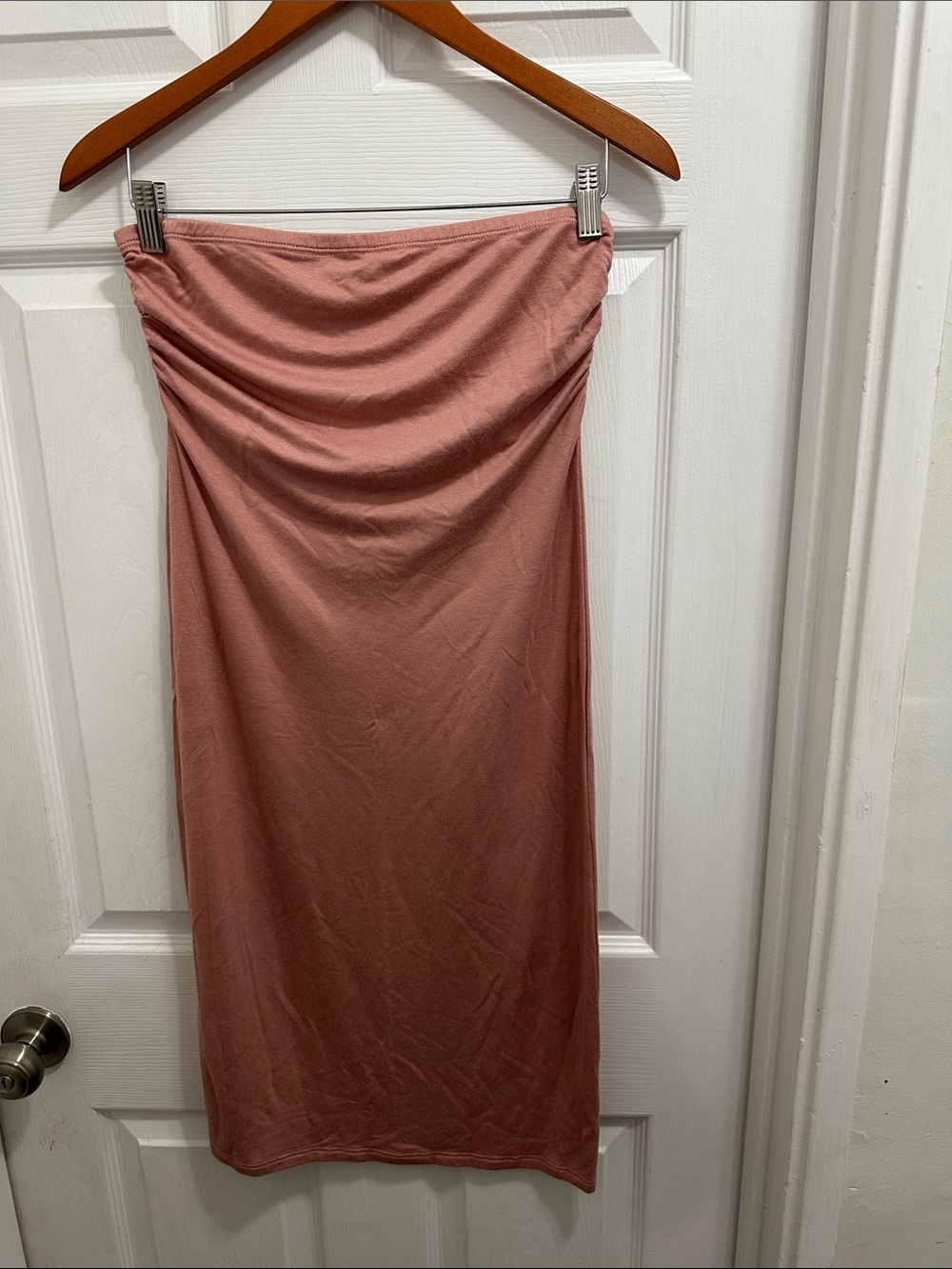 Ruched Tube Midi Skirt in Dusty Rose